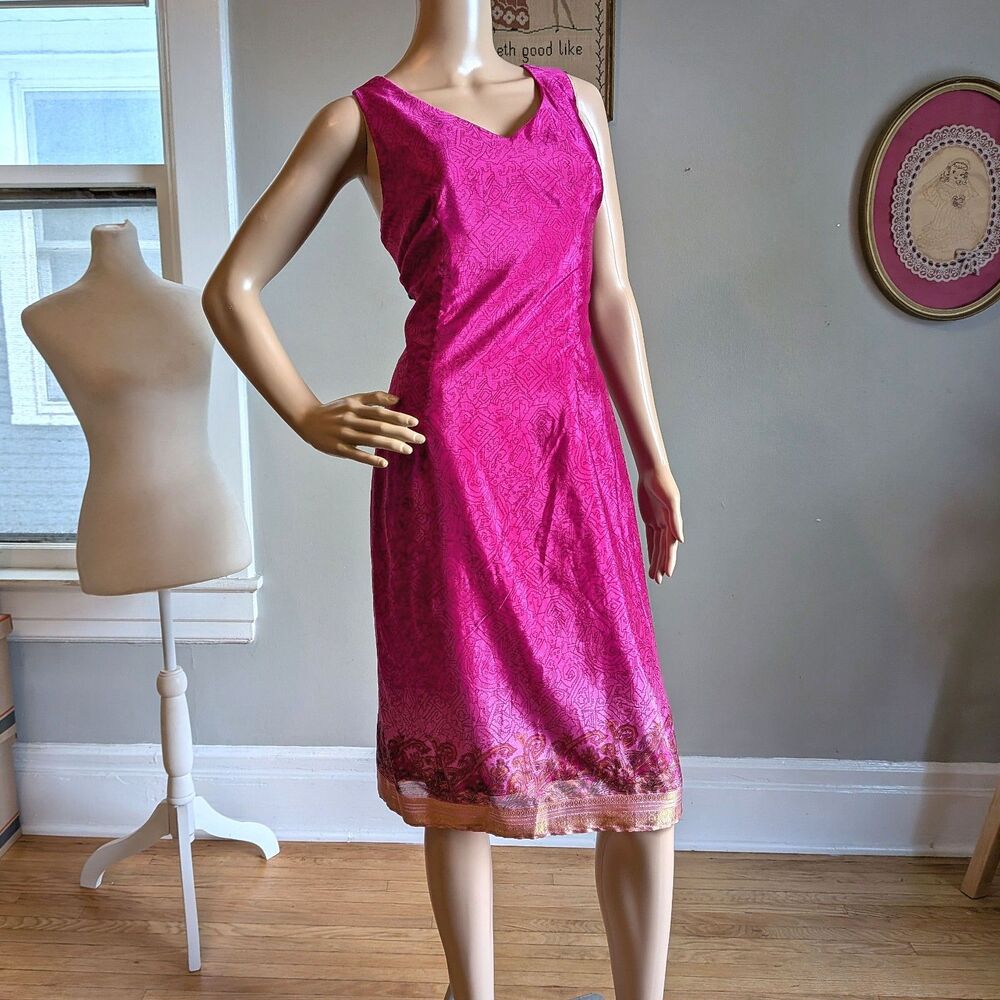Vintage Y2K La Belle Midi Dress Pink Paisley Party Metallic Size 11